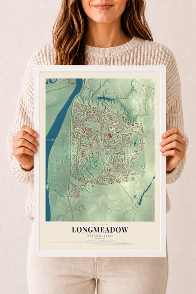 Longmeadow, Massachusetts map print - 12 x 18 white Ayous wood frame