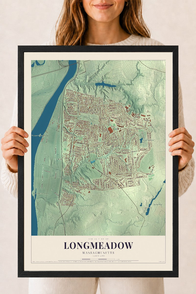 Longmeadow, Massachusetts map print - 18 x 24 black Ayous wood frame