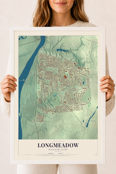 Longmeadow, Massachusetts map print - 18 x 24 white Ayous wood frame
