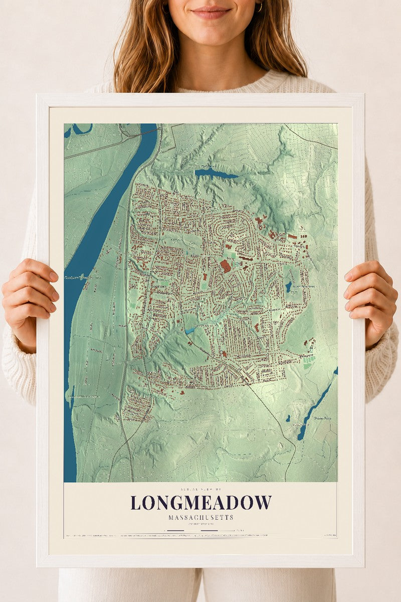 Longmeadow, Massachusetts map print - 18 x 24 white Ayous wood frame