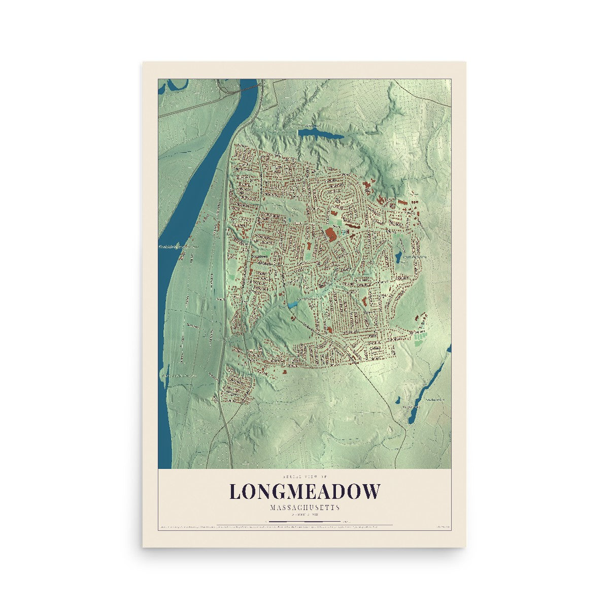 Map of Longmeadow, Massachusetts, 12 x 18 inch unframed archival matte print