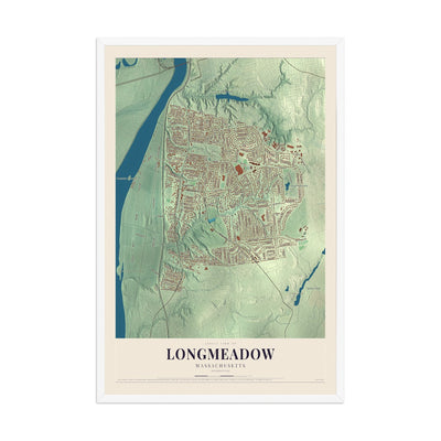 Map of Longmeadow, Massachusetts, 12 x 18 inch print in a white wood frame