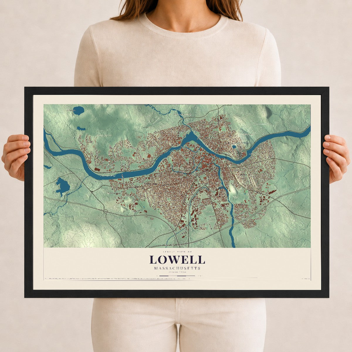 Lowell, Massachusetts map print - 12 x 18 black Ayous wood frame