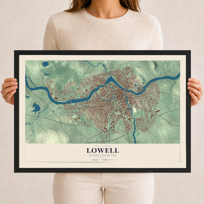 Lowell, Massachusetts map print - 12 x 18 black Ayous wood frame