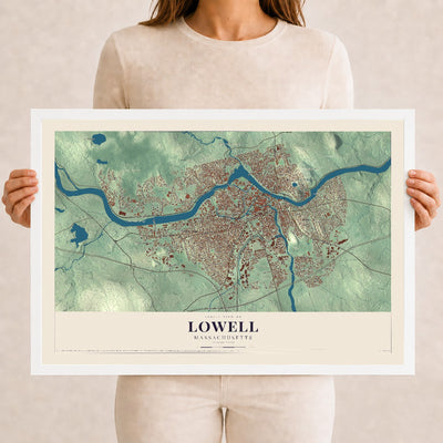 Lowell, Massachusetts map print - 12 x 18 white Ayous wood frame