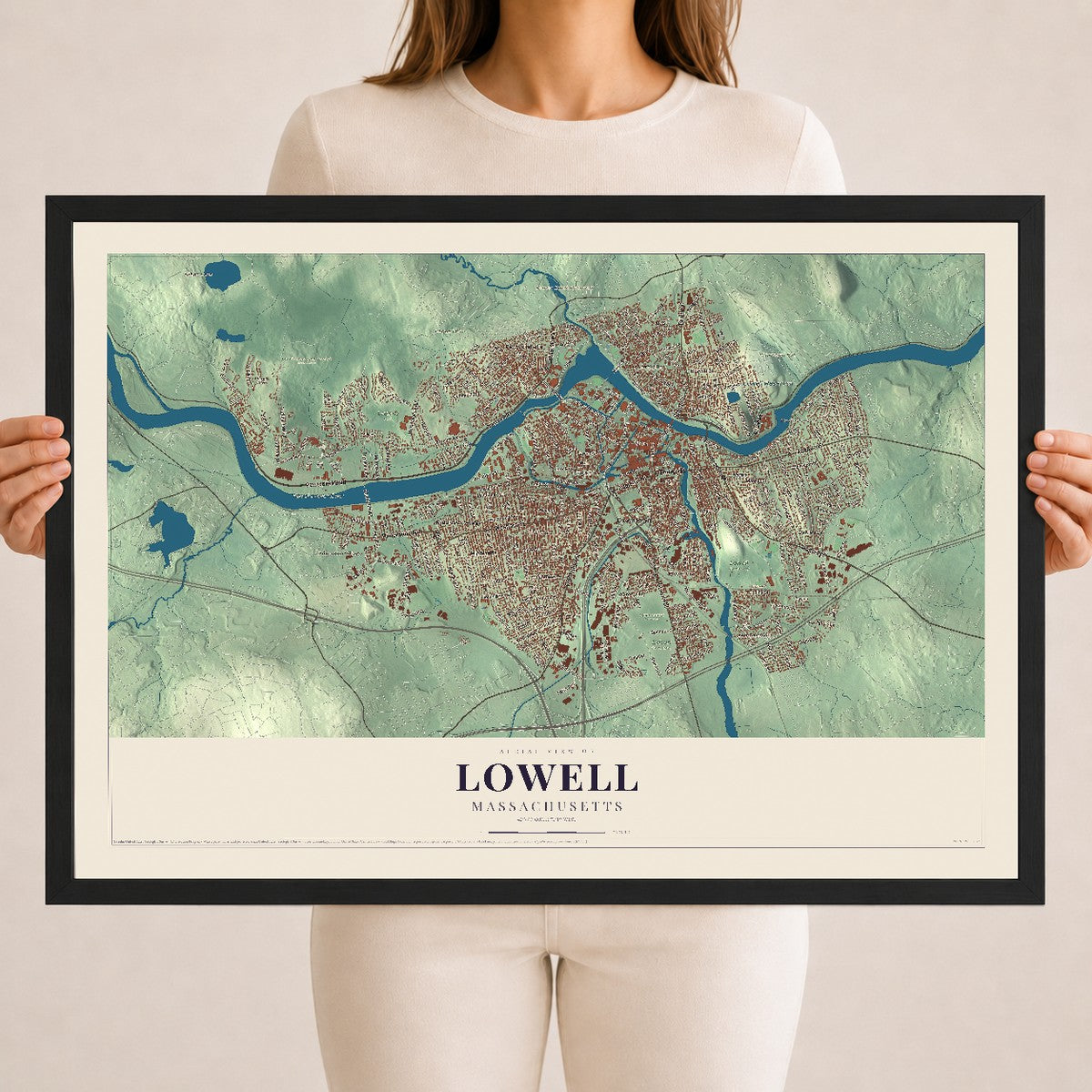 Lowell, Massachusetts map print - 18 x 24 black Ayous wood frame