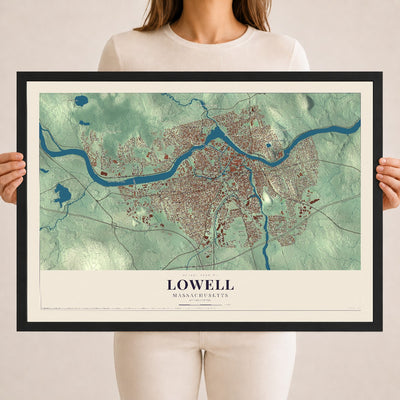 Lowell, Massachusetts map print - 18 x 24 black Ayous wood frame