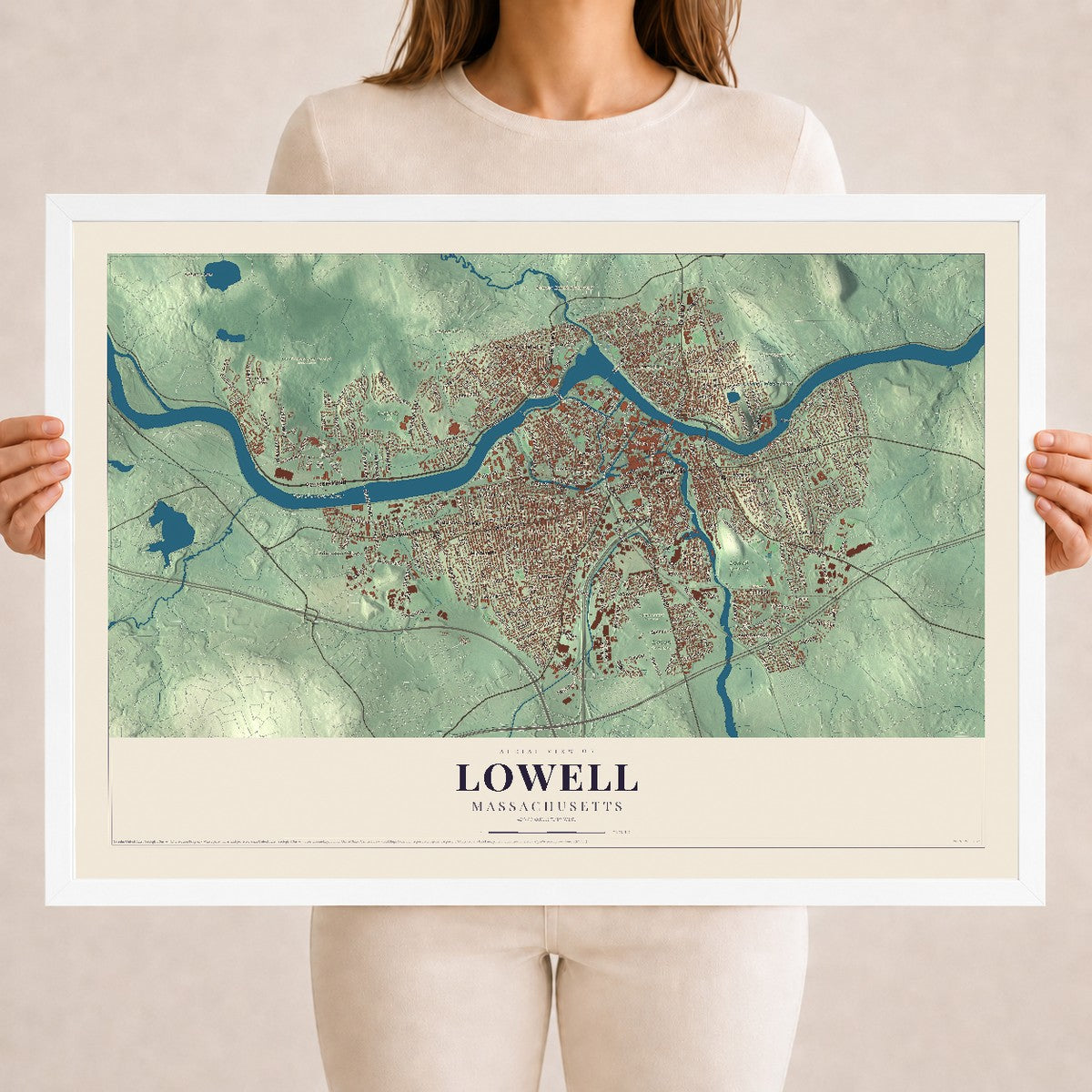 Lowell, Massachusetts map print - 18 x 24 white Ayous wood frame