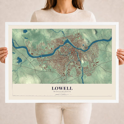 Lowell, Massachusetts map print - 18 x 24 white Ayous wood frame