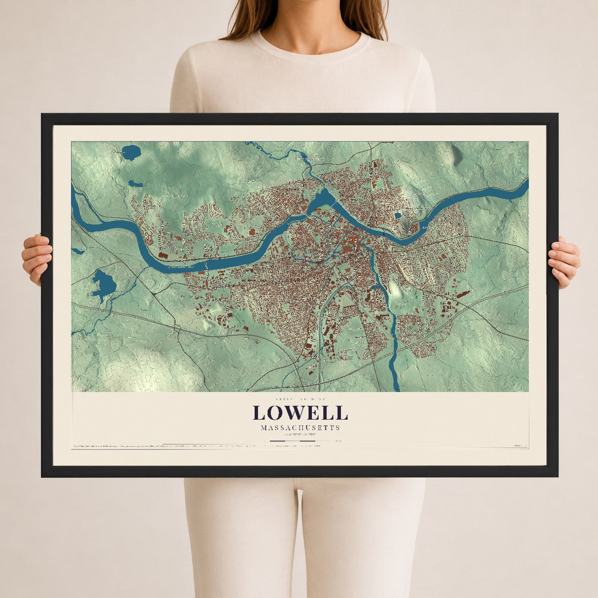 Lowell, Massachusetts map print - 24 x 36 black Ayous wood frame