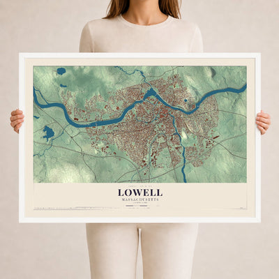 Lowell, Massachusetts map print - 24 x 36 white Ayous wood frame