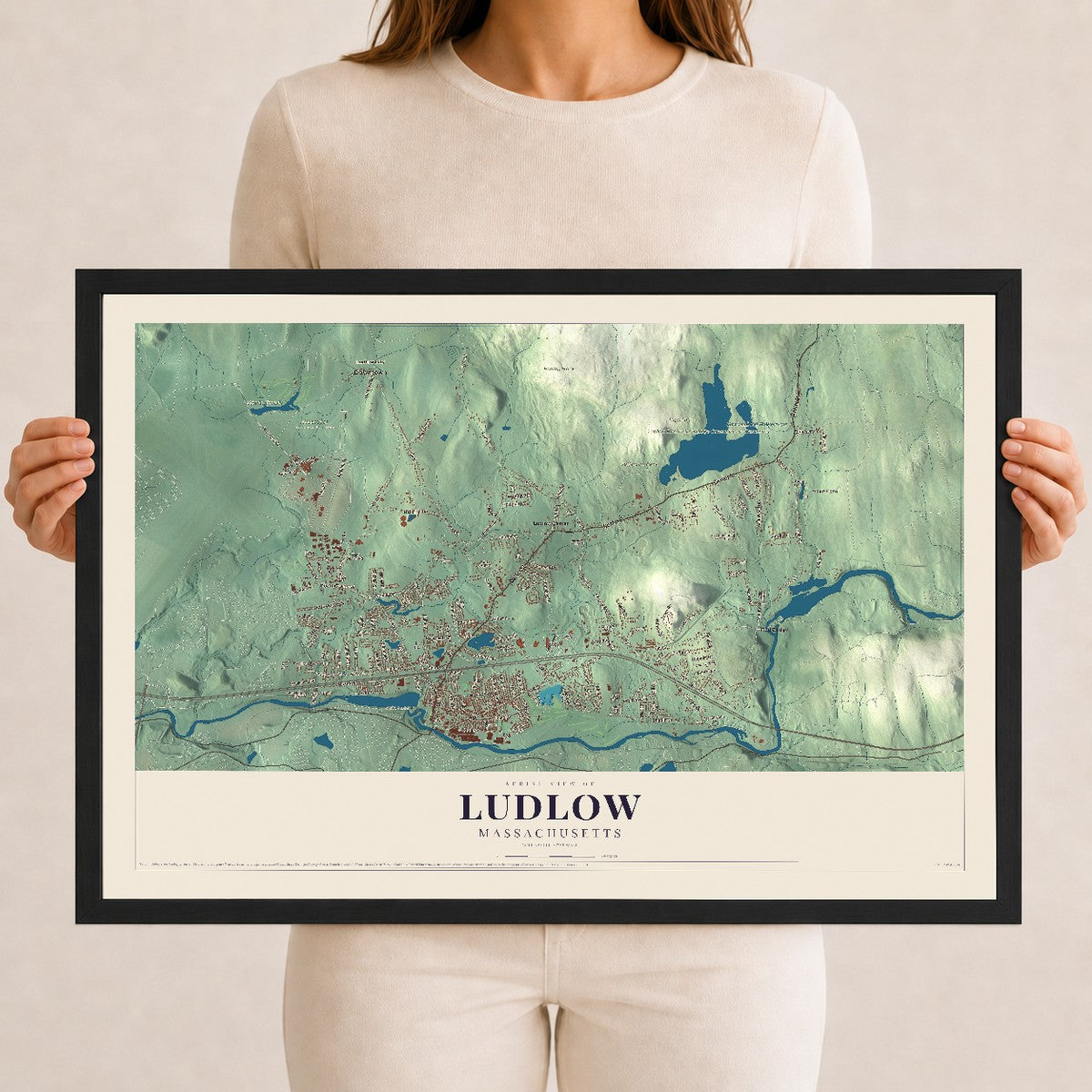 Ludlow, Massachusetts map print - 12 x 18 black Ayous wood frame