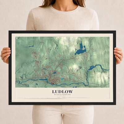 Ludlow, Massachusetts map print - 12 x 18 black Ayous wood frame