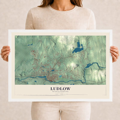Ludlow, Massachusetts map print - 12 x 18 white Ayous wood frame