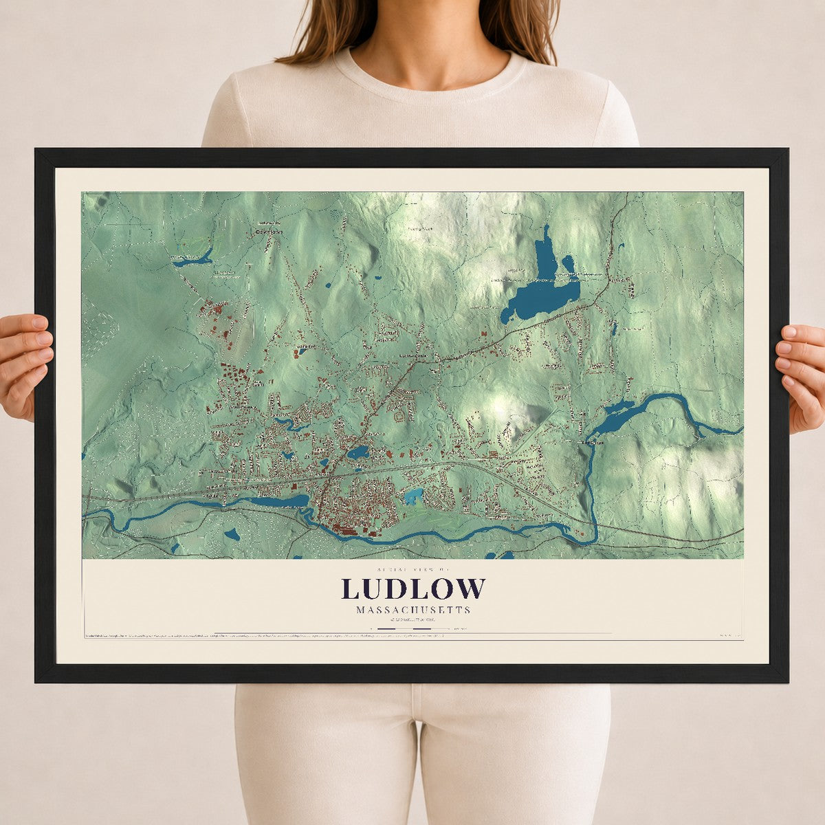 Ludlow, Massachusetts map print - 18 x 24 black Ayous wood frame