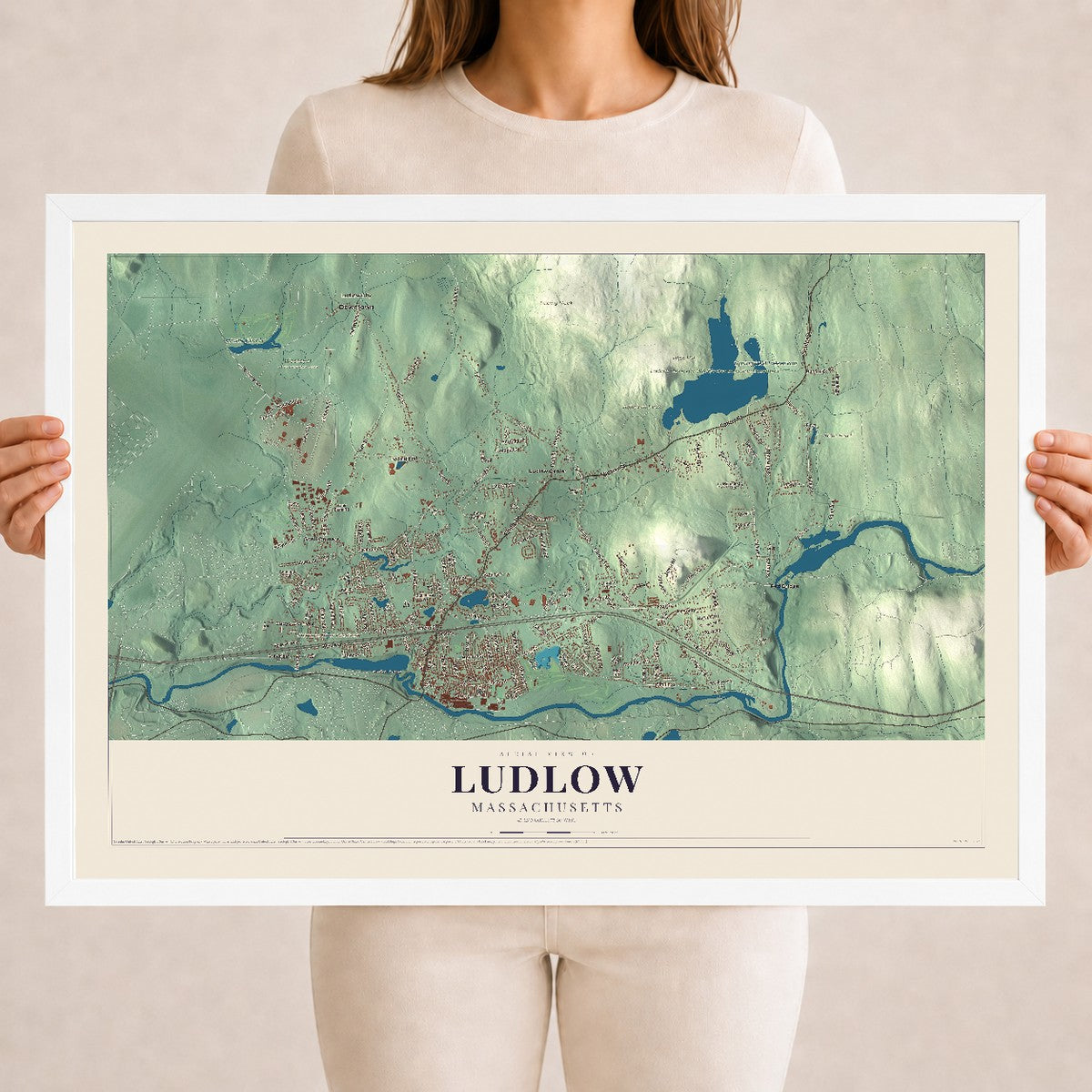 Ludlow, Massachusetts map print - 18 x 24 white Ayous wood frame