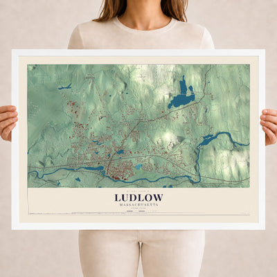 Ludlow, Massachusetts map print - 18 x 24 white Ayous wood frame