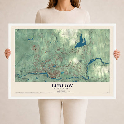 Ludlow, Massachusetts map print - 24 x 36 white Ayous wood frame