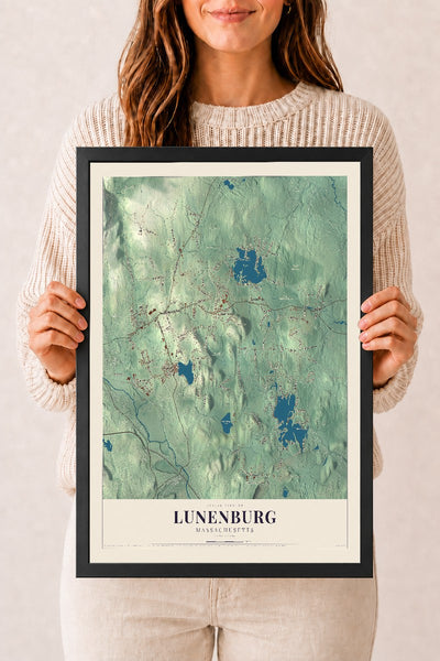 Lunenburg, Massachusetts map print - 12 x 18 black Ayous wood frame