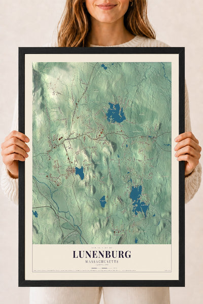 Lunenburg, Massachusetts map print - 18 x 24 black Ayous wood frame