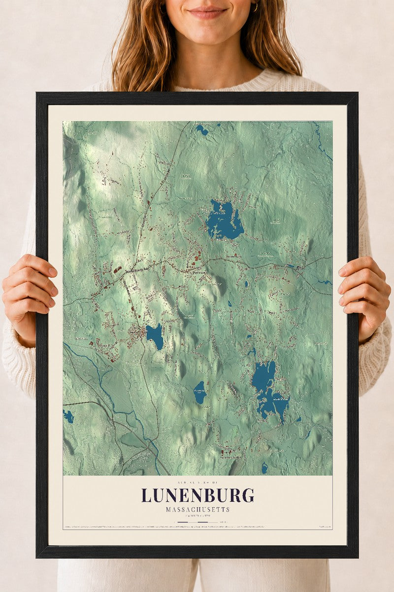 Lunenburg, Massachusetts map print - 18 x 24 black Ayous wood frame