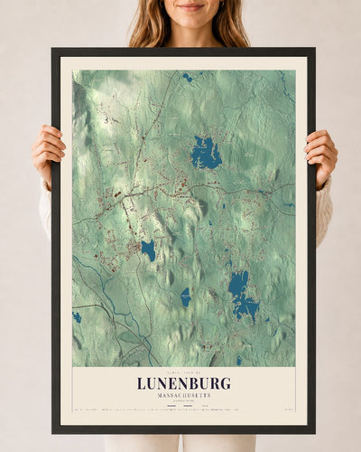 Lunenburg, Massachusetts map print - 24 x 36 black Ayous wood frame