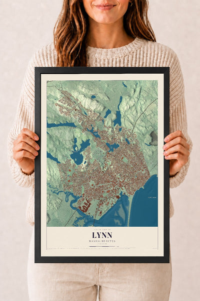 Lynn, Massachusetts map print - 12 x 18 black Ayous wood frame
