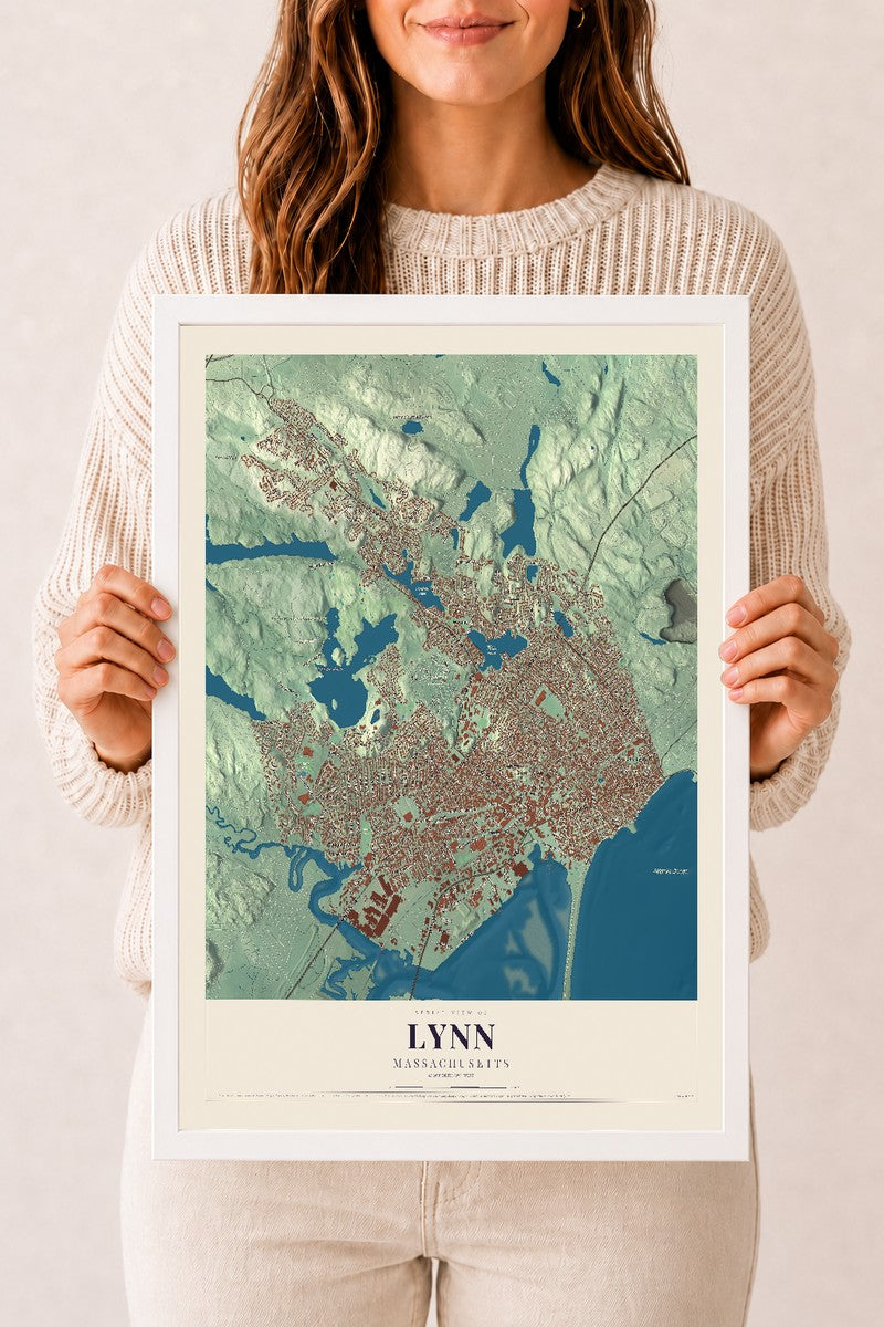 Lynn, Massachusetts map print - 12 x 18 white Ayous wood frame