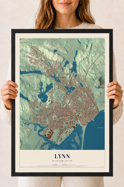 Lynn, Massachusetts map print - 18 x 24 black Ayous wood frame