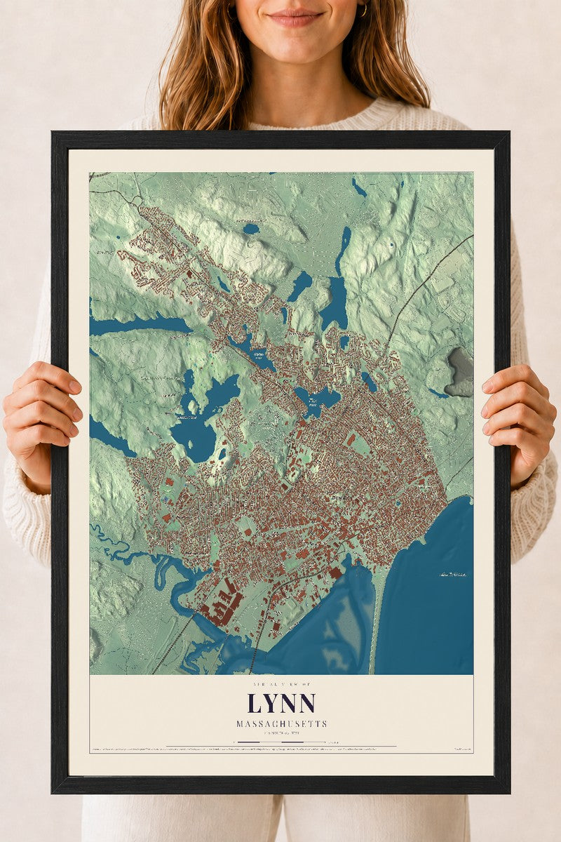 Lynn, Massachusetts map print - 18 x 24 black Ayous wood frame