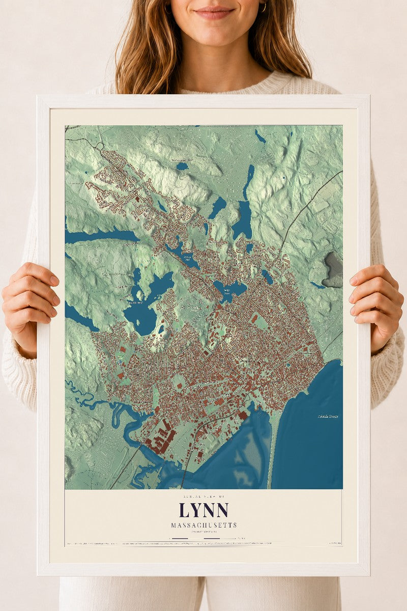 Lynn, Massachusetts map print - 18 x 24 white Ayous wood frame