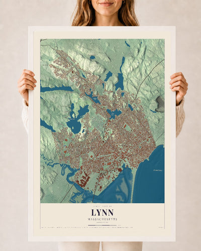 Lynn, Massachusetts map print - 24 x 36 white Ayous wood frame