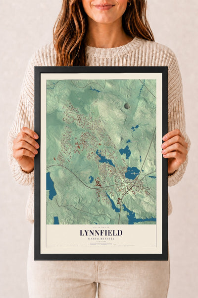 Lynnfield, Massachusetts map print - 12 x 18 black Ayous wood frame