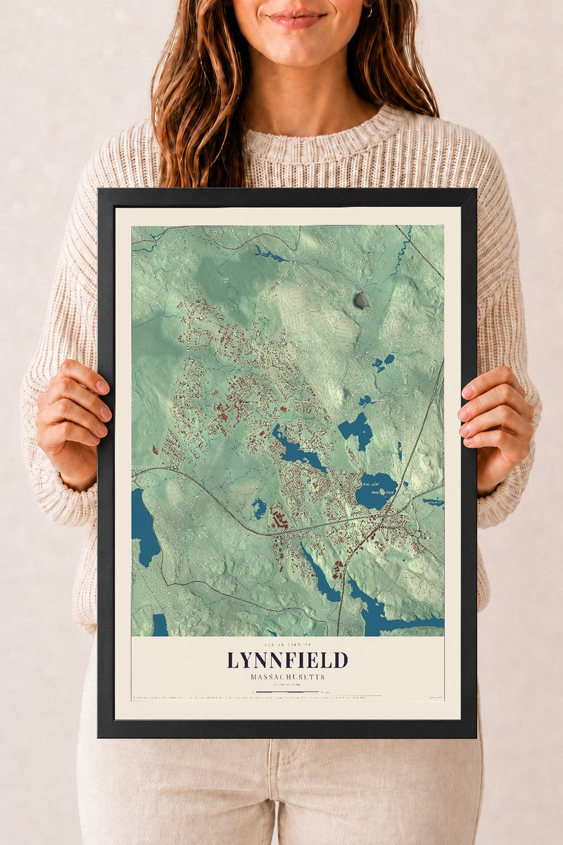 Lynnfield, Massachusetts map print - 12 x 18 black Ayous wood frame