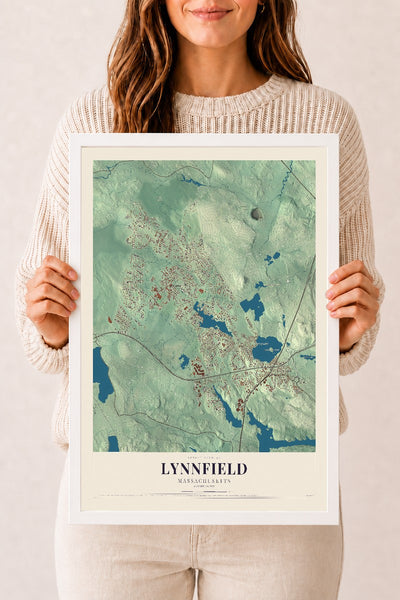 Lynnfield, Massachusetts map print - 12 x 18 white Ayous wood frame