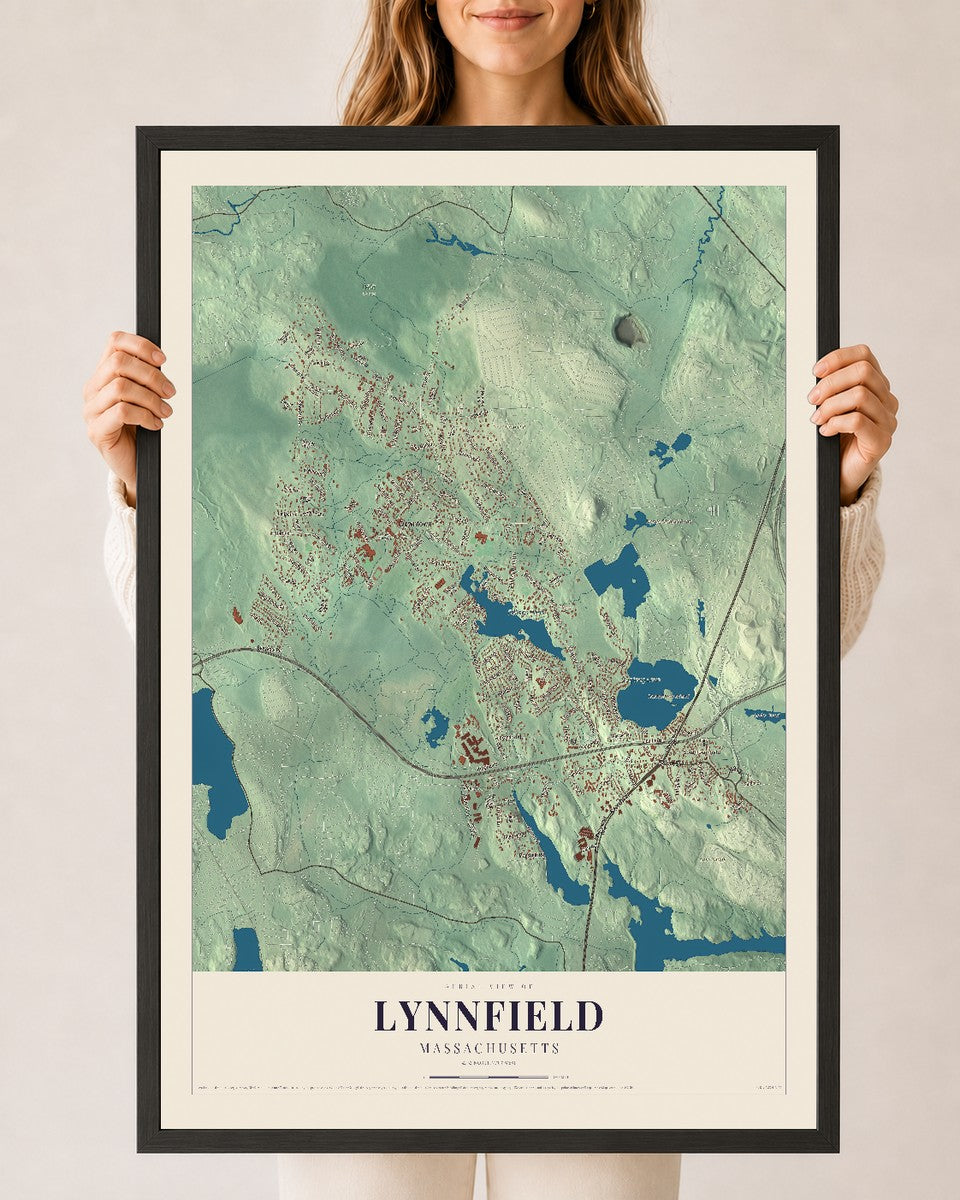 Lynnfield, Massachusetts map print - 24 x 36 black Ayous wood frame