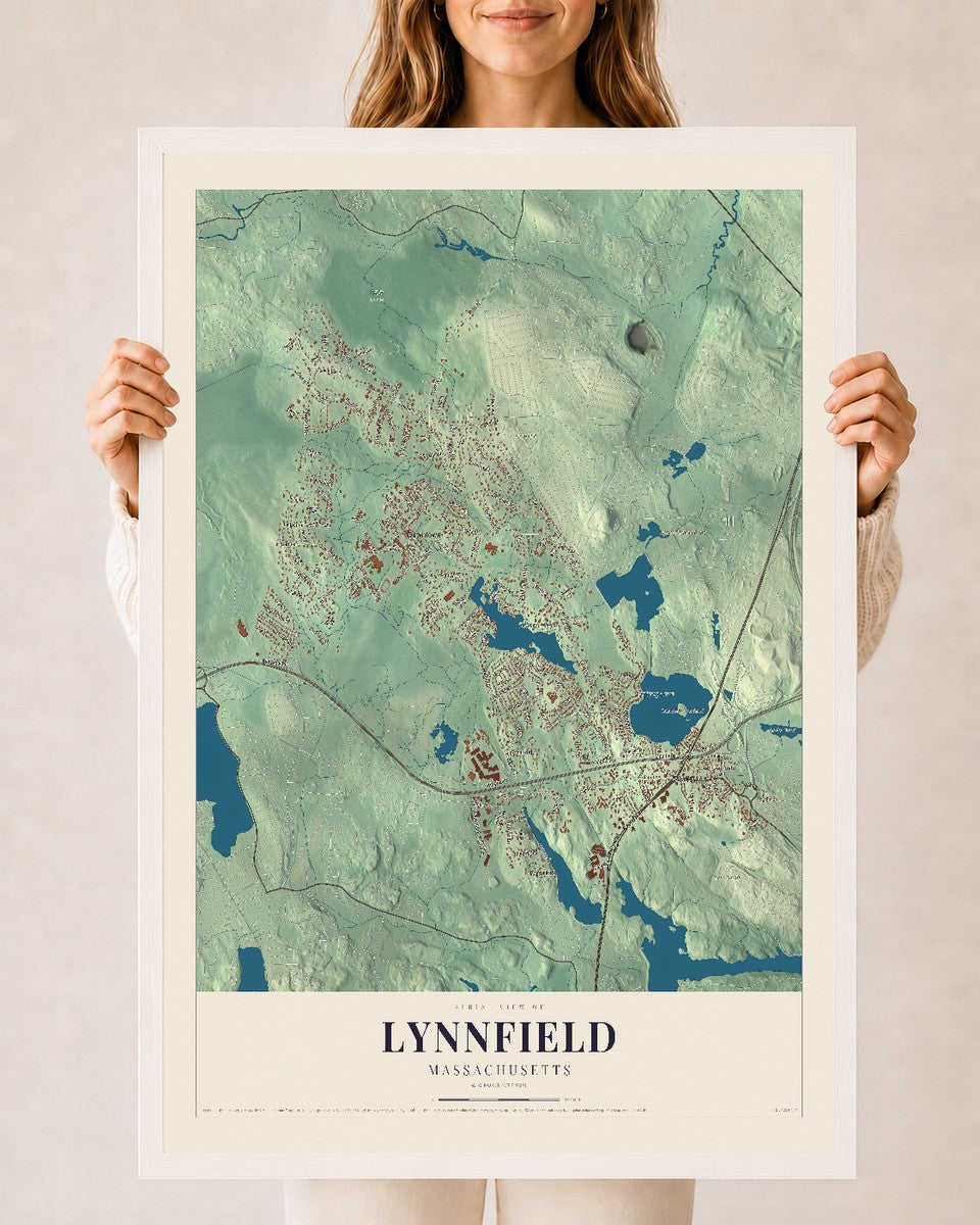 Lynnfield, Massachusetts map print - 24 x 36 white Ayous wood frame