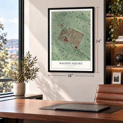 Magoun Square, Massachusetts map, 18 x 24 inch print in a black frame in a home office