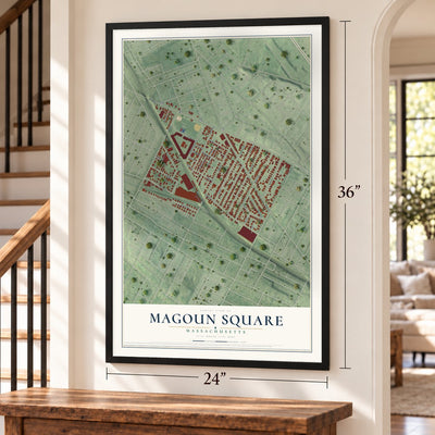 Magoun Square, Massachusetts map, 24 x 36 inch print in a black frame by a staircase