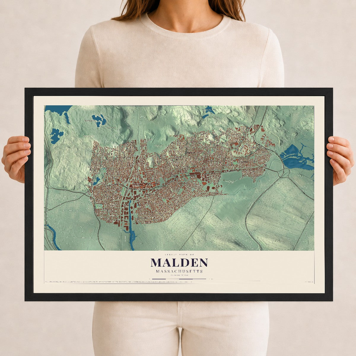 Malden, Massachusetts map print - 12 x 18 black Ayous wood frame