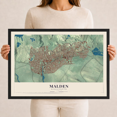 Malden, Massachusetts map print - 12 x 18 black Ayous wood frame