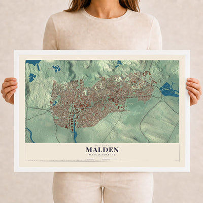 Malden, Massachusetts map print - 12 x 18 white Ayous wood frame