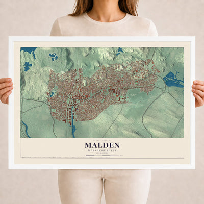 Malden, Massachusetts map print - 18 x 24 white Ayous wood frame