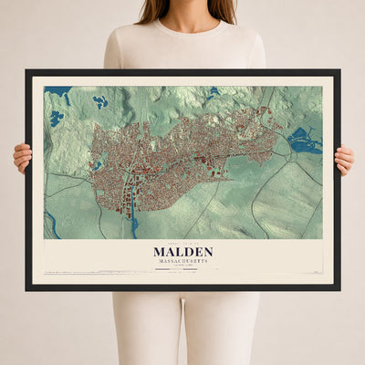 Malden, Massachusetts map print - 24 x 36 black Ayous wood frame