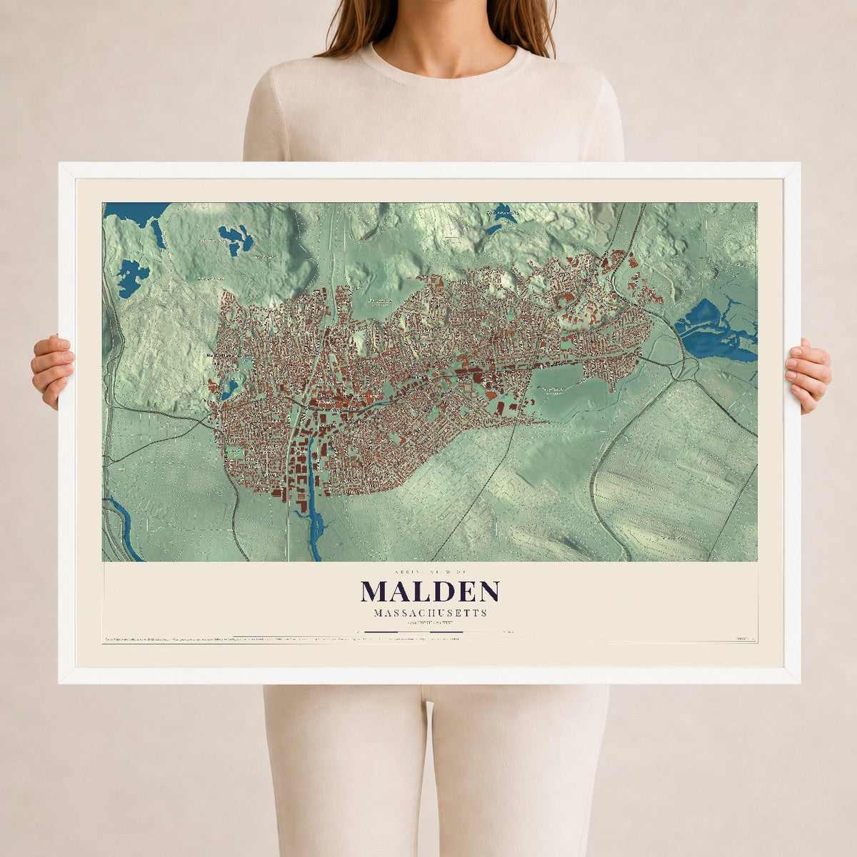 Malden, Massachusetts map print - 24 x 36 white Ayous wood frame