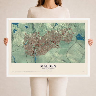Malden, Massachusetts map print - 24 x 36 white Ayous wood frame