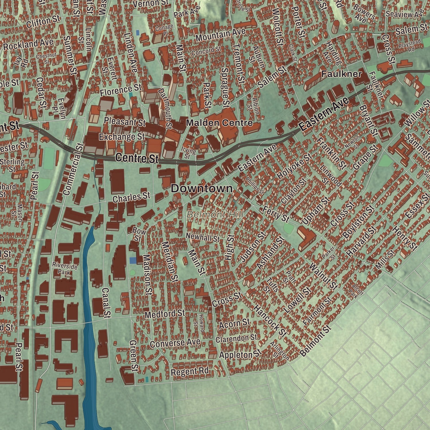 Terrain and local geography detail from the Malden, Massachusetts map
