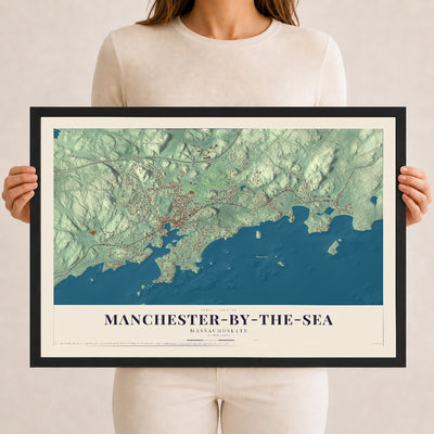 Manchester-by-the-Sea, Massachusetts map print - 12 x 18 black Ayous wood frame