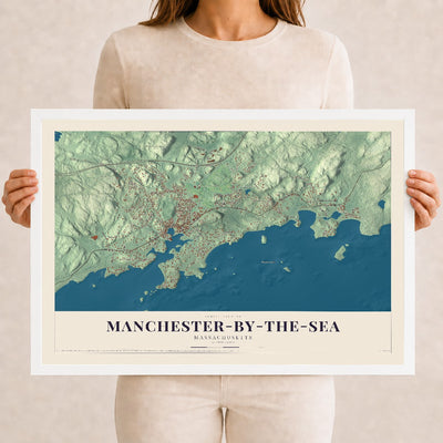 Manchester-by-the-Sea, Massachusetts map print - 12 x 18 white Ayous wood frame