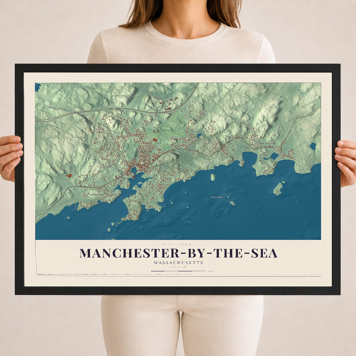 Manchester-by-the-Sea, Massachusetts map print - 18 x 24 black Ayous wood frame